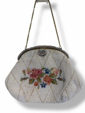 Vintage 1940s 50s Made in France Beaded Floral Evening Bag Purse